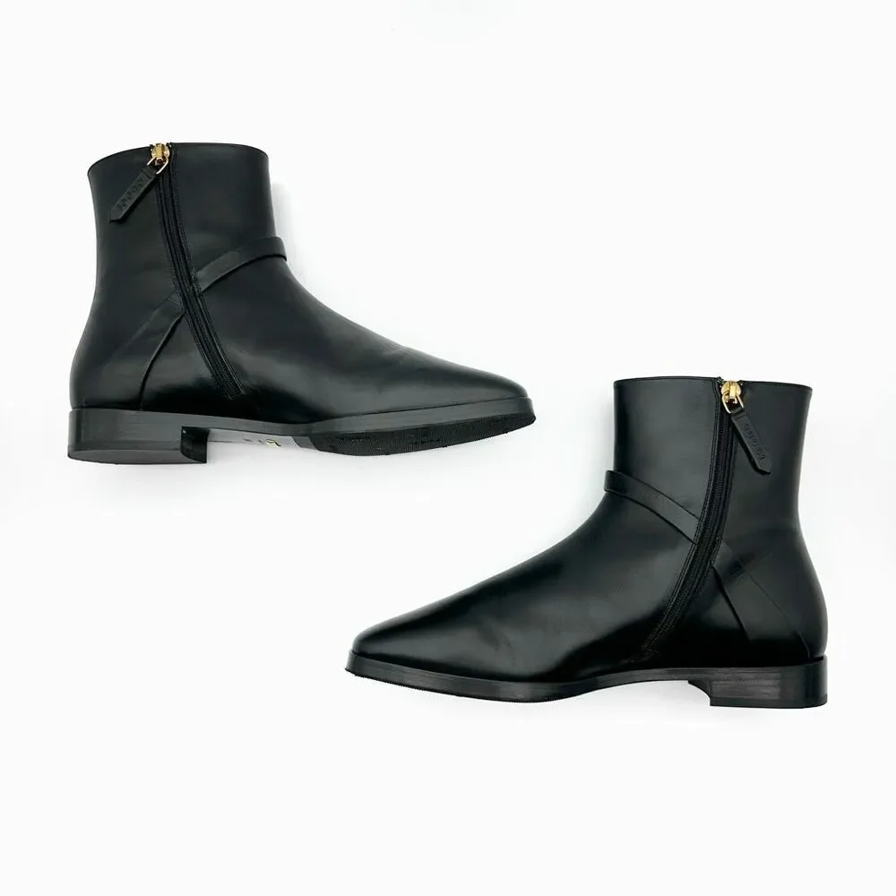 GUCCI Elite GG Ankle Boots Size 38.5 US 8.5 Black Leather Harness Low Heel Calf